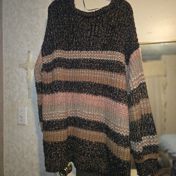 Lane Bryant Brand - Multi Colored, Striped Woven V-neck Long Sleeved Sweater - Picture 2 of 9